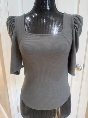 We The Free Women's Square Neck Ribbed Top with Puff Sleeves - Gray